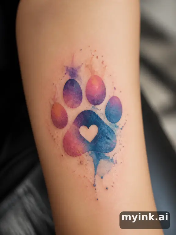 Pet paw print with a small heart inside — Watercolor Tattoo Design reference image