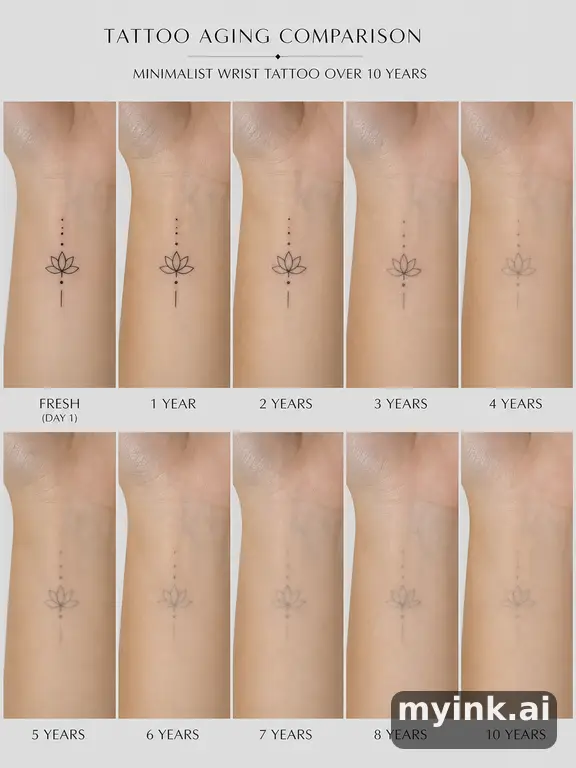 Tattoo aging comparison for a minimalist wrist design over ten years — Minimalist Tattoo Design reference image