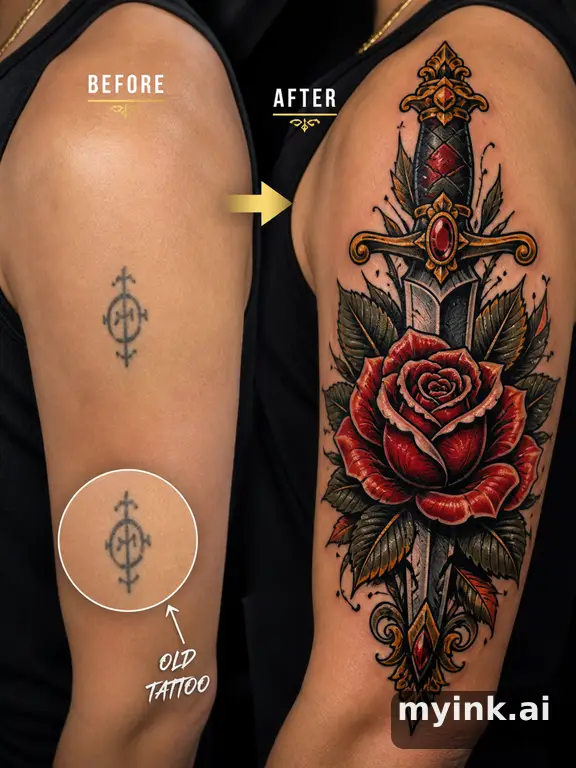 Before-and-after cover-up direction that absorbs an old small symbol — Neotraditional Tattoo Design reference image