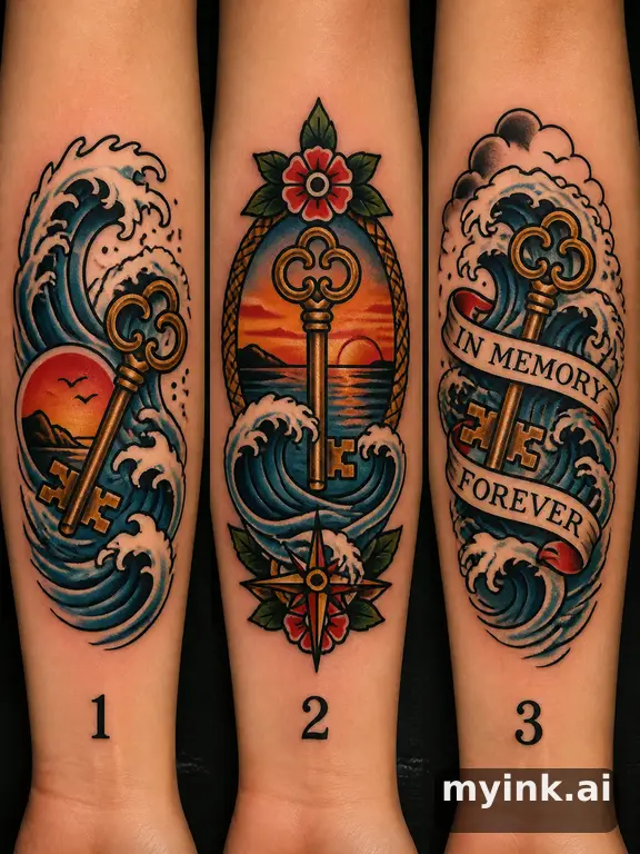 Three symbolic memorial tattoo routes based on ocean waves and a small key — Traditional Tattoo Design reference image