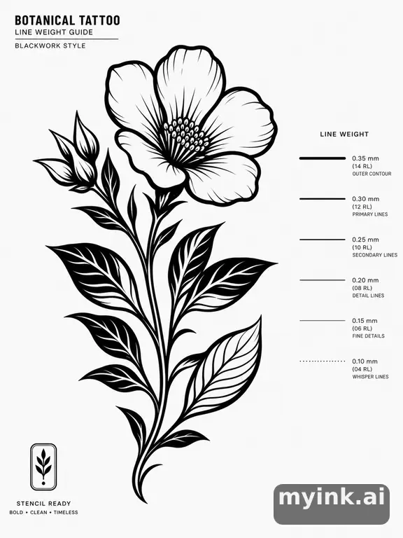 Clean stencil-ready botanical tattoo with line weight annotations — Blackwork Tattoo Design reference image