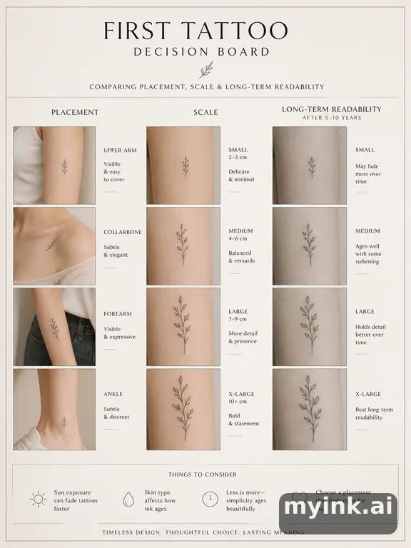 First tattoo decision board comparing placement — Minimalist Tattoo Design reference image
