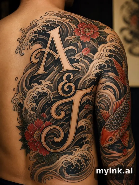 Initials 'A & J' intertwined — Japanese Tattoo Design reference image