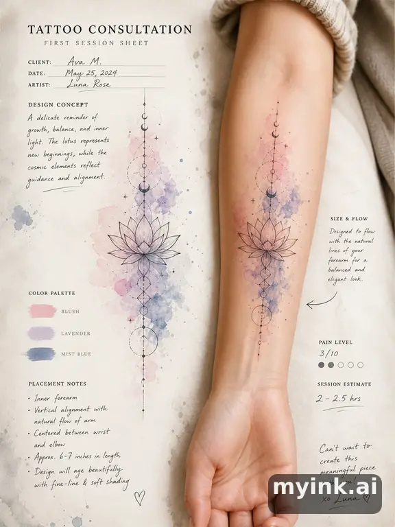 First tattoo consultation sheet with a fine-line forearm design and placement notes — Watercolor Tattoo Design reference image