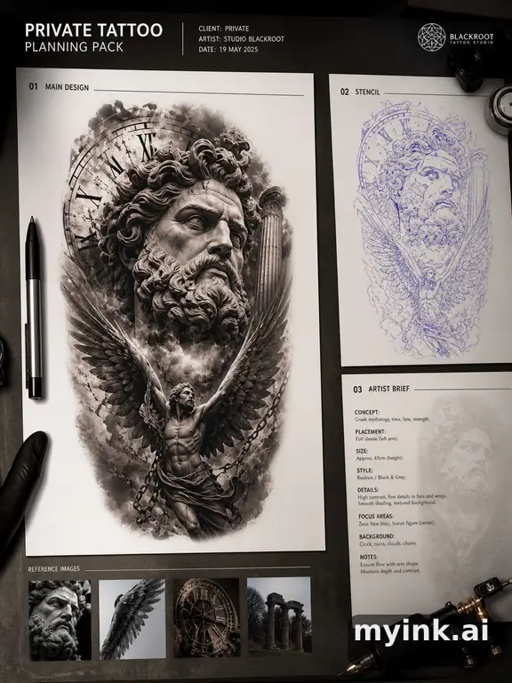 Private tattoo planning pack layout with main design — Realistic Tattoo Design reference image