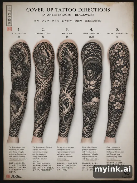 Cover-up tattoo planning board showing five blackwork directions — Japanese Tattoo Design reference image