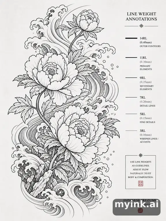 Clean stencil-ready botanical tattoo with line weight annotations — Japanese Tattoo Design reference image
