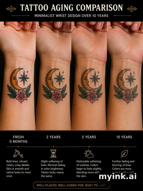 Tattoo aging comparison for a minimalist wrist design over ten years — Neotraditional Tattoo Design reference image