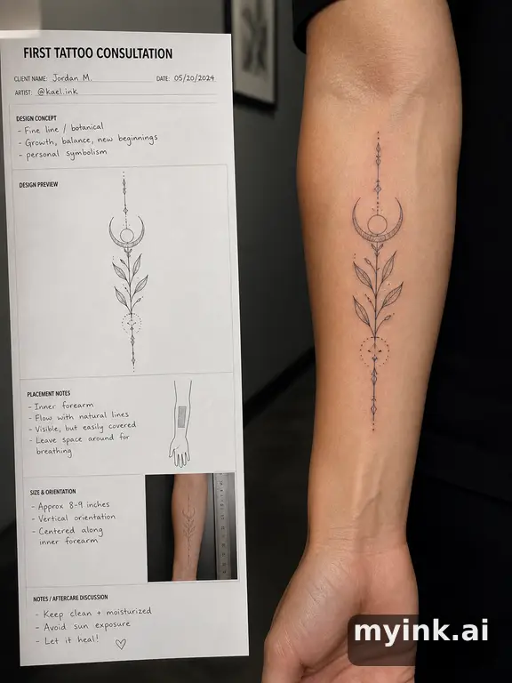 First tattoo consultation sheet with a fine-line forearm design and placement notes — Realistic Tattoo Design reference image
