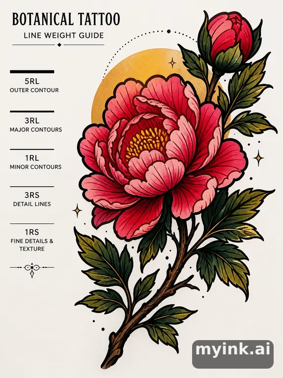 Clean stencil-ready botanical tattoo with line weight annotations — Neotraditional Tattoo Design reference image