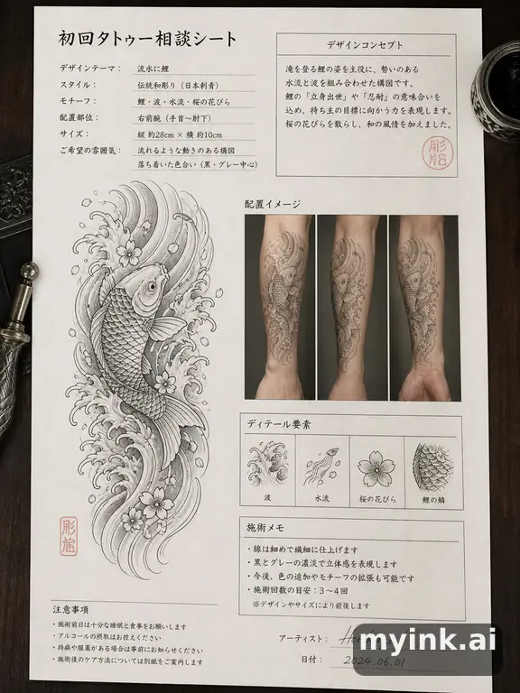 First tattoo consultation sheet with a fine-line forearm design and placement notes — Japanese Tattoo Design reference image