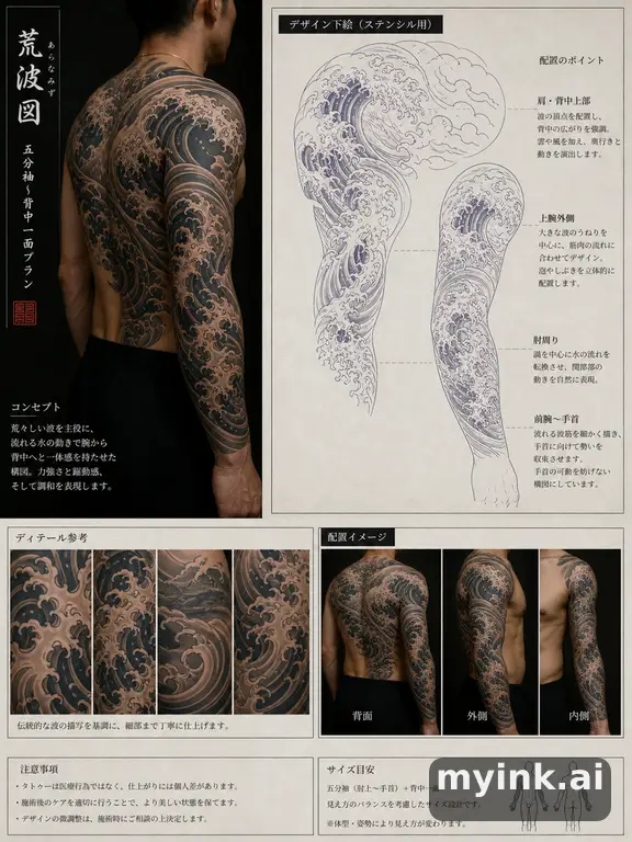 Consultation-ready Japanese wave tattoo plan with stencil and placement notes — Japanese Tattoo Design reference image