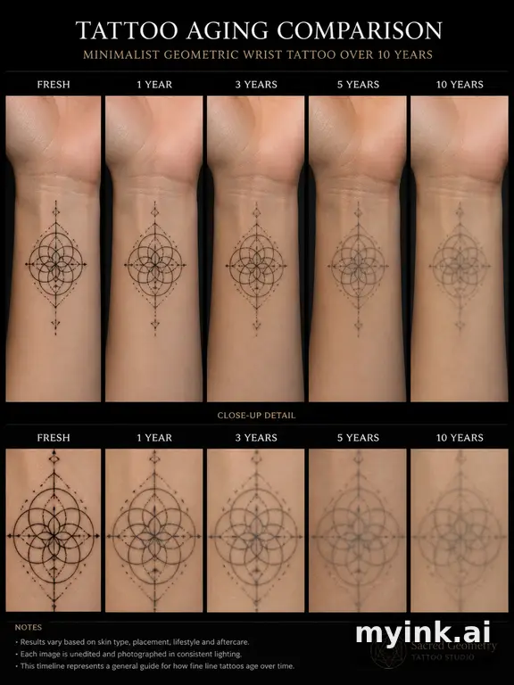 Tattoo aging comparison for a minimalist wrist design over ten years — Geometric Tattoo Design reference image