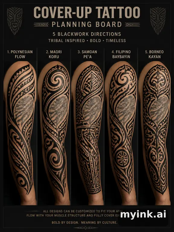 Cover-up tattoo planning board showing five blackwork directions — Tribal Tattoo Design reference image