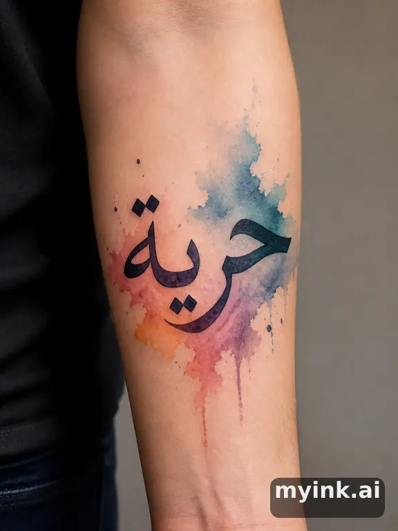 Arabic calligraphy writing 'حرية' (freedom) — Watercolor Tattoo Design reference image