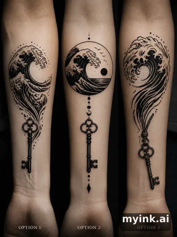 Three symbolic memorial tattoo routes based on ocean waves and a small key — Blackwork Tattoo Design reference image
