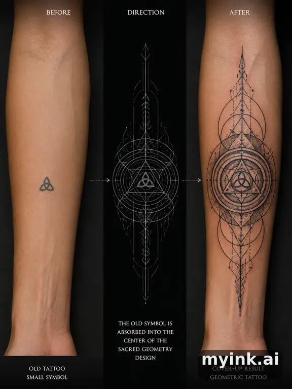 Before-and-after cover-up direction that absorbs an old small symbol — Geometric Tattoo Design reference image