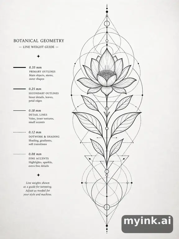 Clean stencil-ready botanical tattoo with line weight annotations — Geometric Tattoo Design reference image