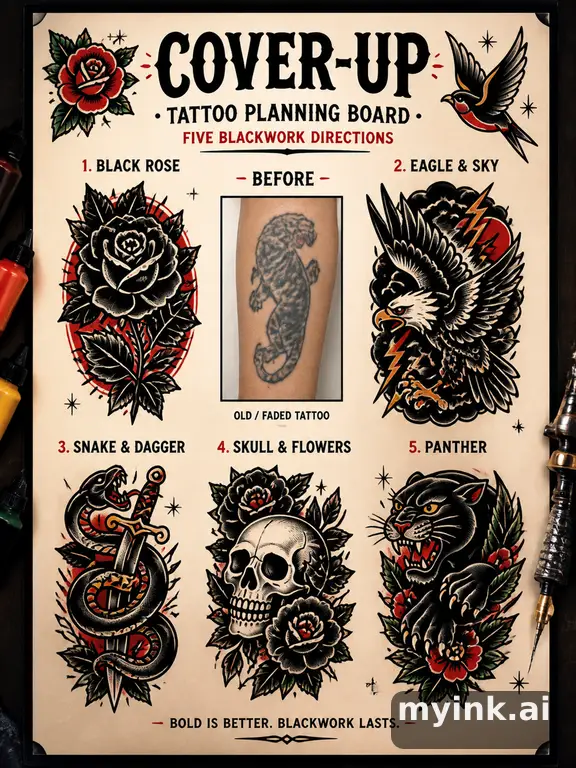 Cover-up tattoo planning board showing five blackwork directions — Traditional Tattoo Design reference image