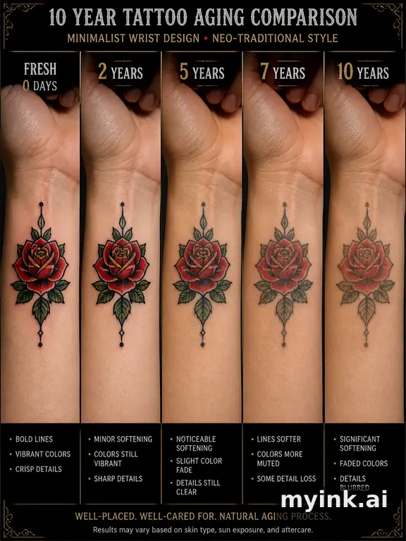 Tattoo aging comparison for a minimalist wrist design over ten years — Neotraditional Tattoo Design reference image