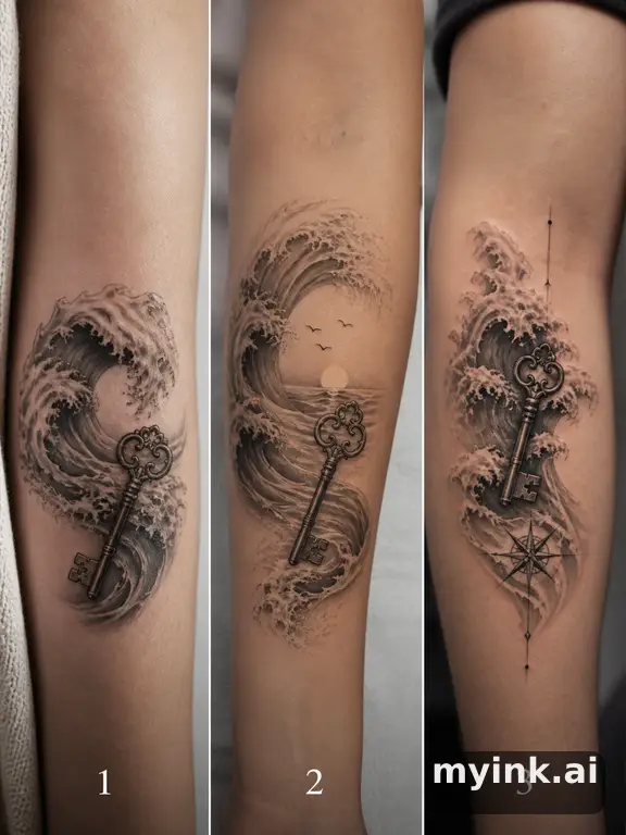 Three symbolic memorial tattoo routes based on ocean waves and a small key — Realistic Tattoo Design reference image