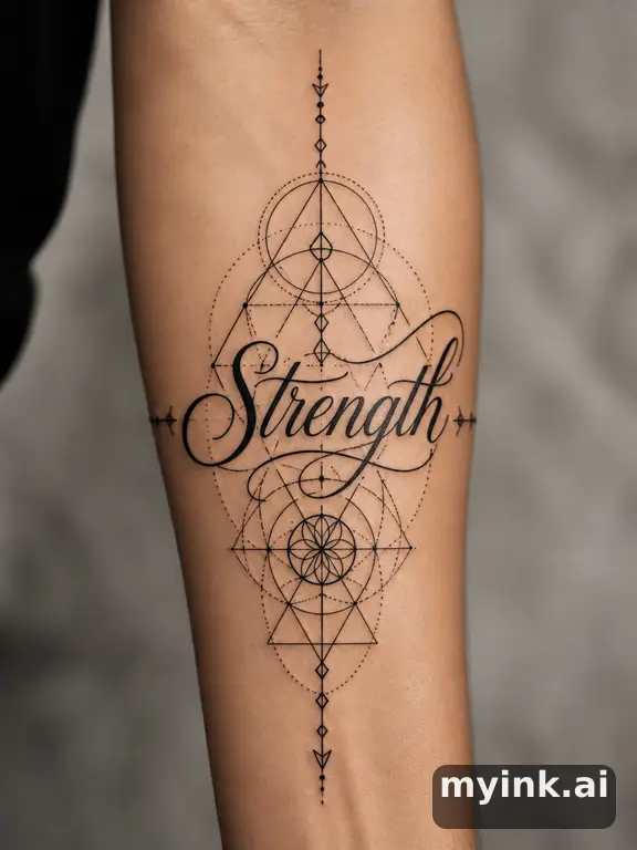 Word 'Strength' in elegant script — Geometric Tattoo Design reference image