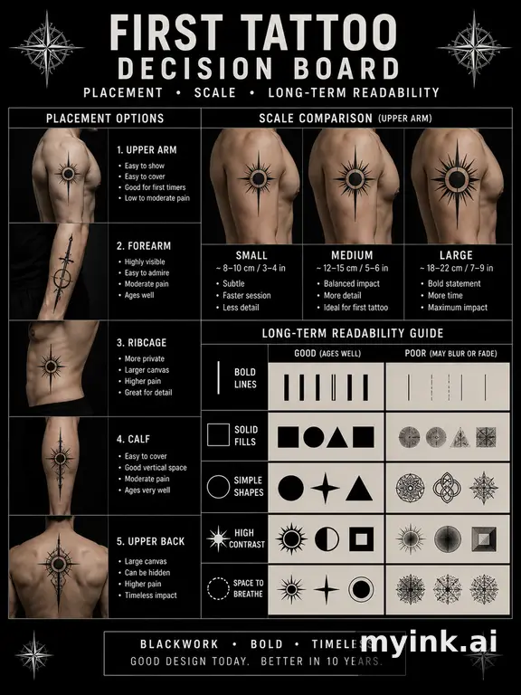 First tattoo decision board comparing placement — Blackwork Tattoo Design reference image