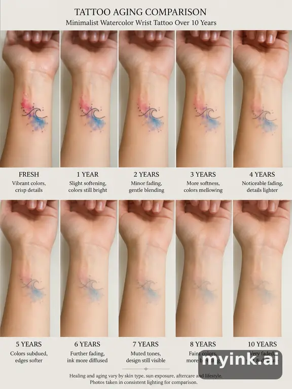 Tattoo aging comparison for a minimalist wrist design over ten years — Watercolor Tattoo Design reference image