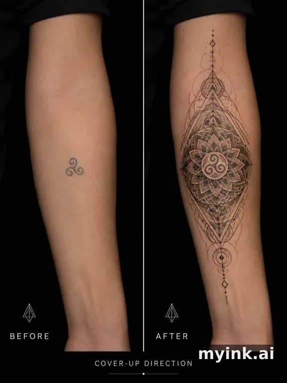 Before-and-after cover-up direction that absorbs an old small symbol — Geometric Tattoo Design reference image