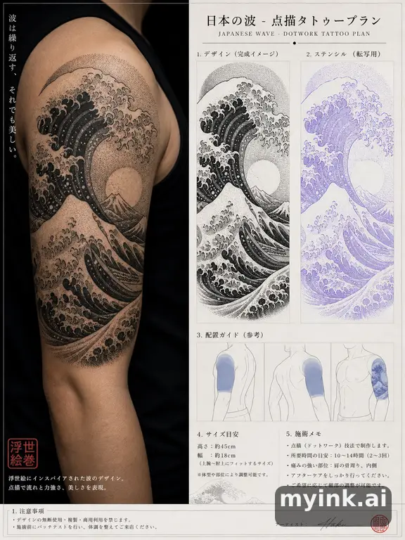 Consultation-ready Japanese wave tattoo plan with stencil and placement notes — Dotwork Tattoo Design reference image