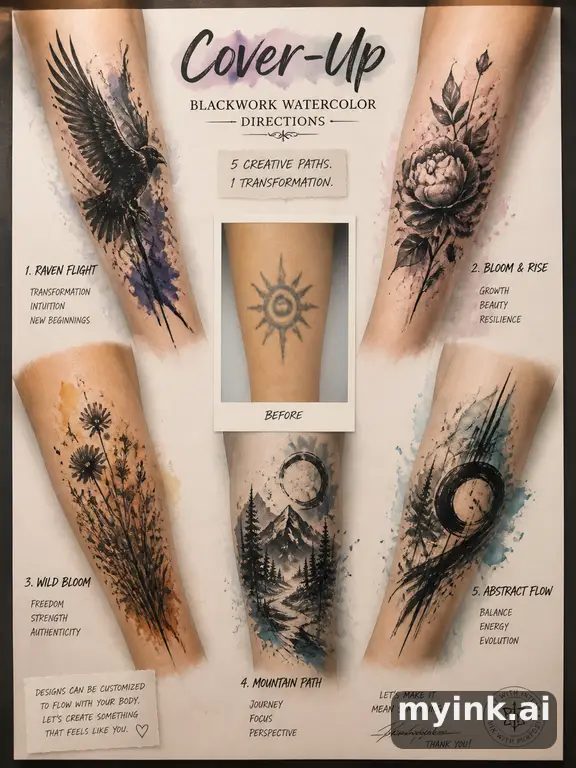 Cover-up tattoo planning board showing five blackwork directions — Watercolor Tattoo Design reference image