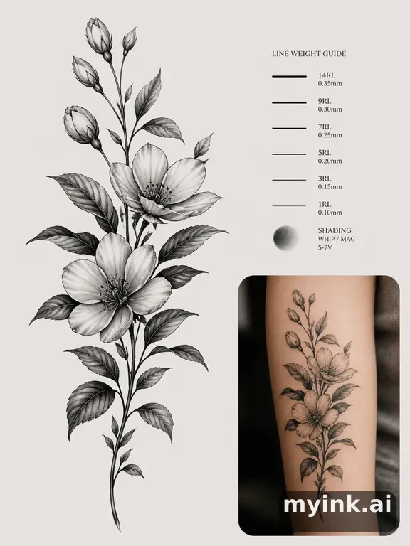Clean stencil-ready botanical tattoo with line weight annotations — Realistic Tattoo Design reference image