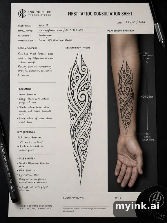 First tattoo consultation sheet with a fine-line forearm design and placement notes — Tribal Tattoo Design reference image