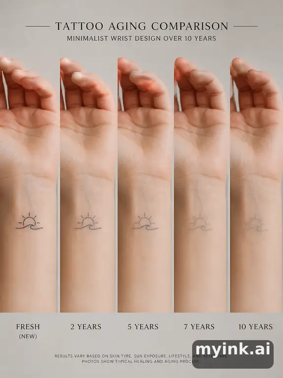 Tattoo aging comparison for a minimalist wrist design over ten years — Minimalist Tattoo Design reference image
