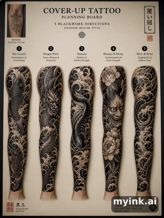 Cover-up tattoo planning board showing five blackwork directions — Japanese Tattoo Design reference image