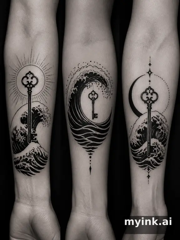 Three symbolic memorial tattoo routes based on ocean waves and a small key — Blackwork Tattoo Design reference image