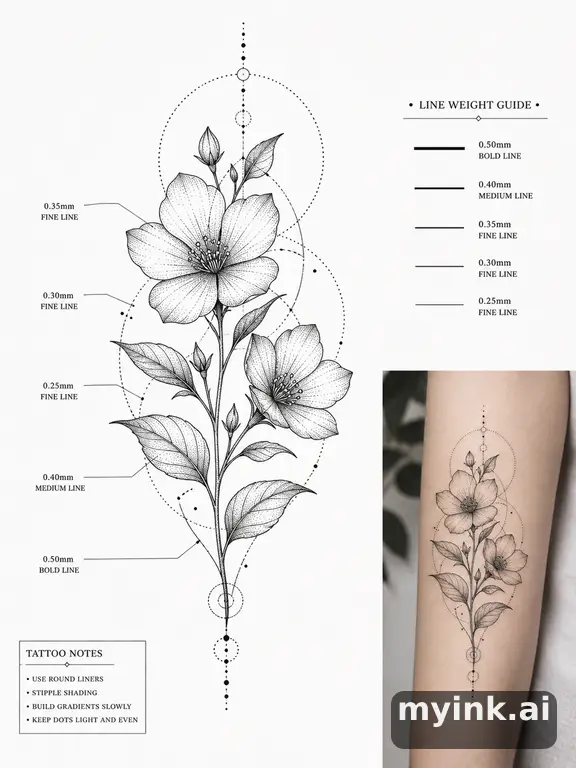 Clean stencil-ready botanical tattoo with line weight annotations — Dotwork Tattoo Design reference image