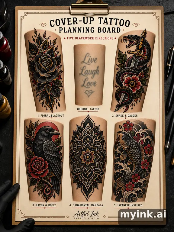 Cover-up tattoo planning board showing five blackwork directions — Neotraditional Tattoo Design reference image