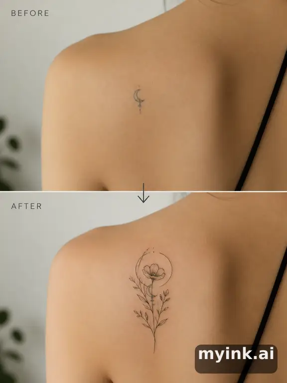 Before-and-after cover-up direction that absorbs an old small symbol — Minimalist Tattoo Design reference image