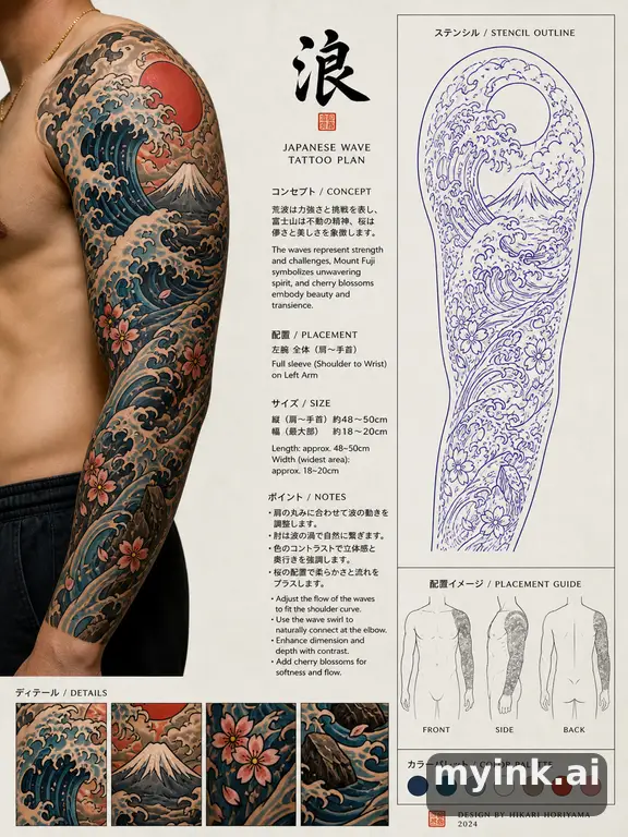 Consultation-ready Japanese wave tattoo plan with stencil and placement notes — Neotraditional Tattoo Design reference image