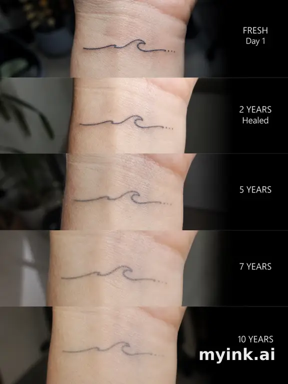 Tattoo aging comparison for a minimalist wrist design over ten years — Realistic Tattoo Design reference image