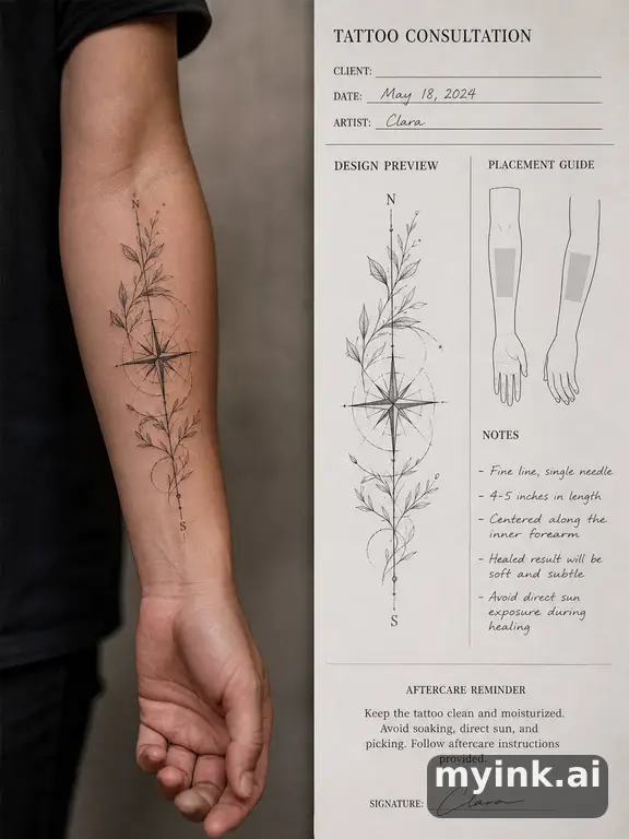 First tattoo consultation sheet with a fine-line forearm design and placement notes — Realistic Tattoo Design reference image
