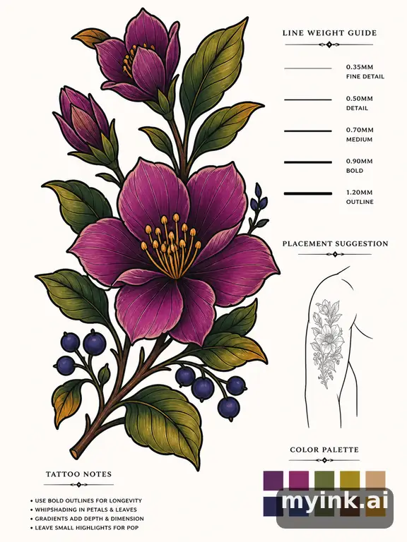 Clean stencil-ready botanical tattoo with line weight annotations — Neotraditional Tattoo Design reference image