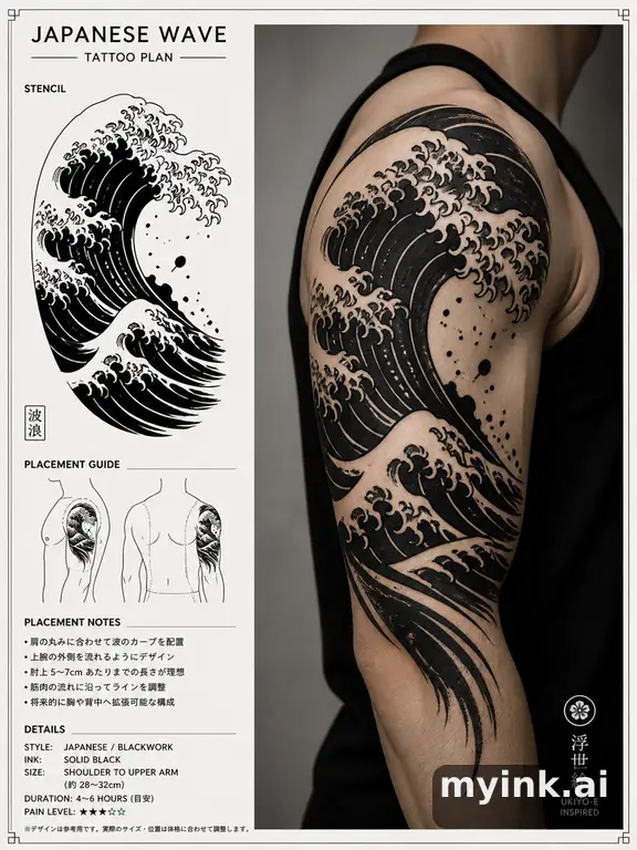 Consultation-ready Japanese wave tattoo plan with stencil and placement notes — Blackwork Tattoo Design reference image
