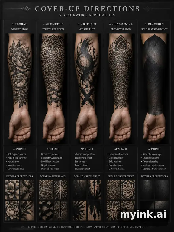 Cover-up tattoo planning board showing five blackwork directions — Realistic Tattoo Design reference image