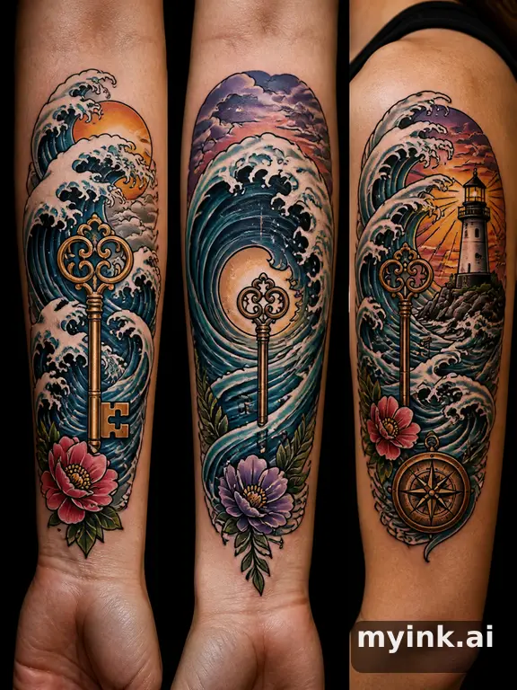 Three symbolic memorial tattoo routes based on ocean waves and a small key — Neotraditional Tattoo Design reference image