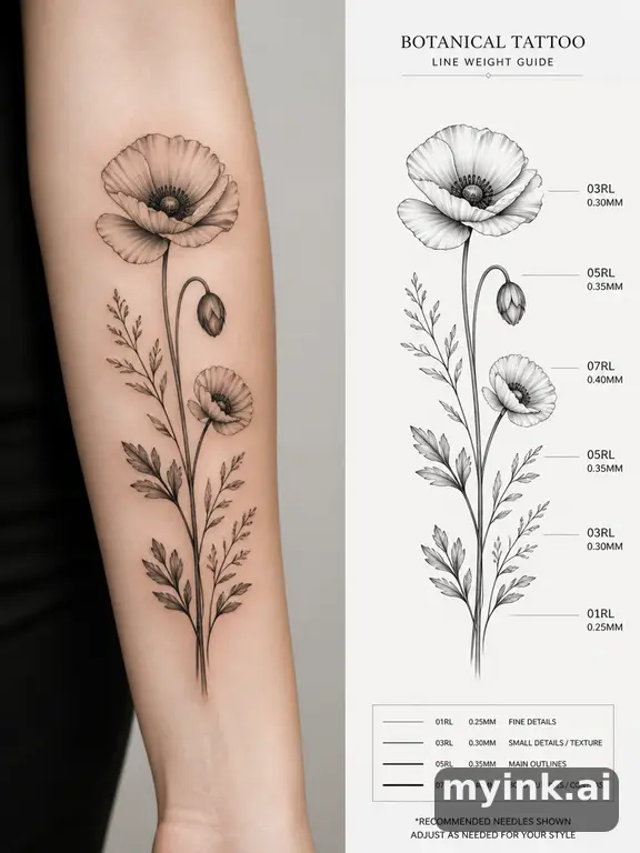 Clean stencil-ready botanical tattoo with line weight annotations — Realistic Tattoo Design reference image
