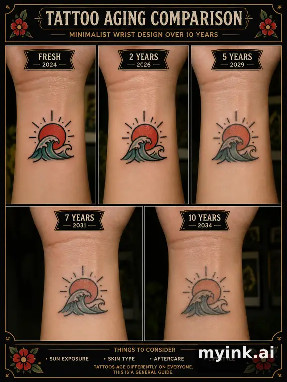 Tattoo aging comparison for a minimalist wrist design over ten years — Neotraditional Tattoo Design reference image
