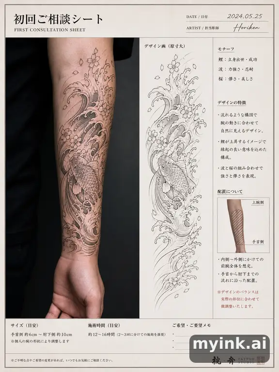 First tattoo consultation sheet with a fine-line forearm design and placement notes — Japanese Tattoo Design reference image
