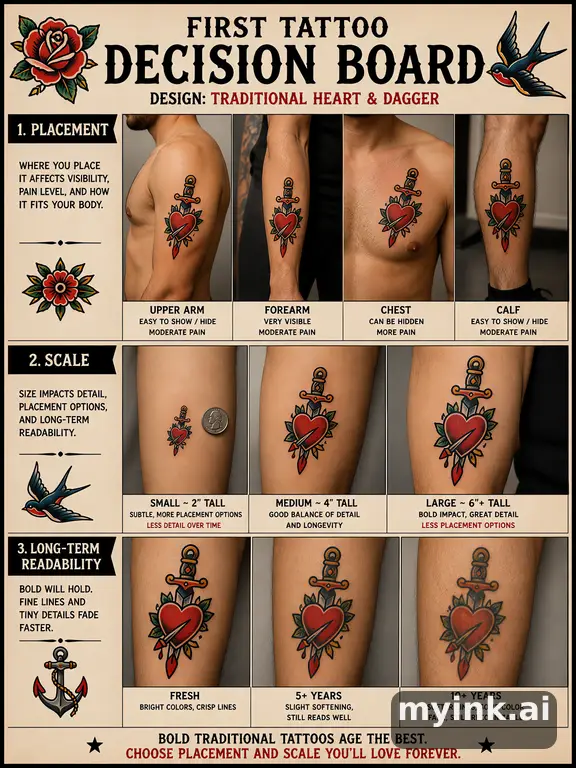 First tattoo decision board comparing placement — Traditional Tattoo Design reference image